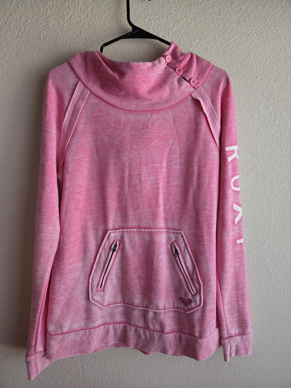 ROXY Pink Pullover Hoodie with Buttoned Funnel Neck